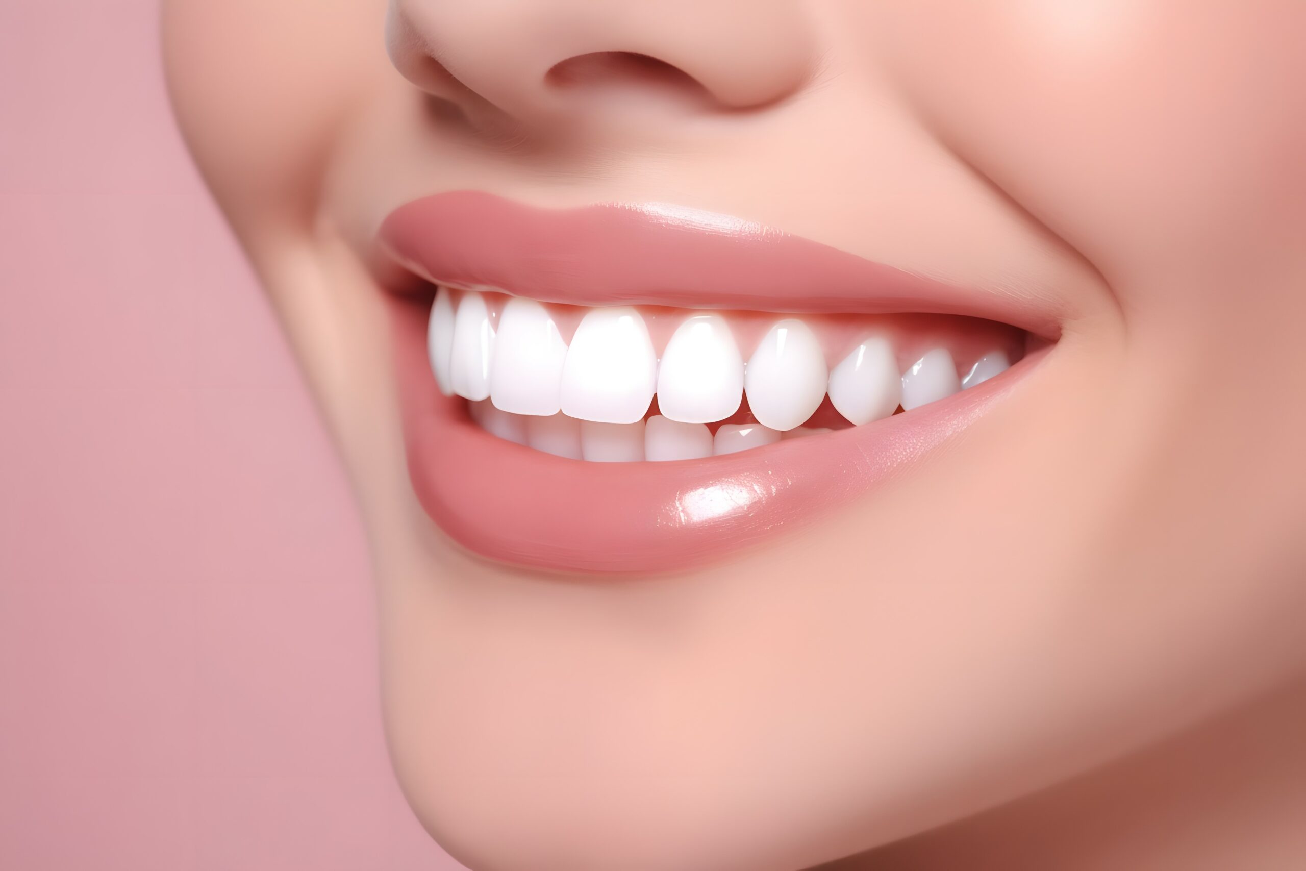 closeup of perfect smile woman teeth on pastel pink background, studio photo, Cinematic, Photoshoot, Shot on 65mm lens, Shutter Speed 1 4000, F 1.8 White Balance, 32k, Super-Resolution, Pro Photo RGB,