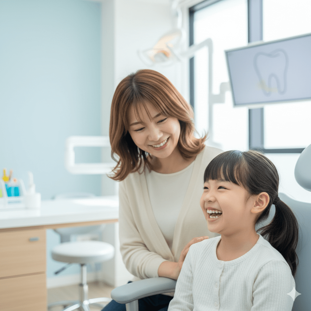 小児矯正の相談に歯科医院を受診した親子